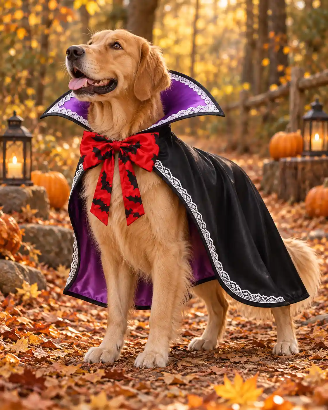 Golden retriever wearing a purple-lined Halloween vampire dog cape