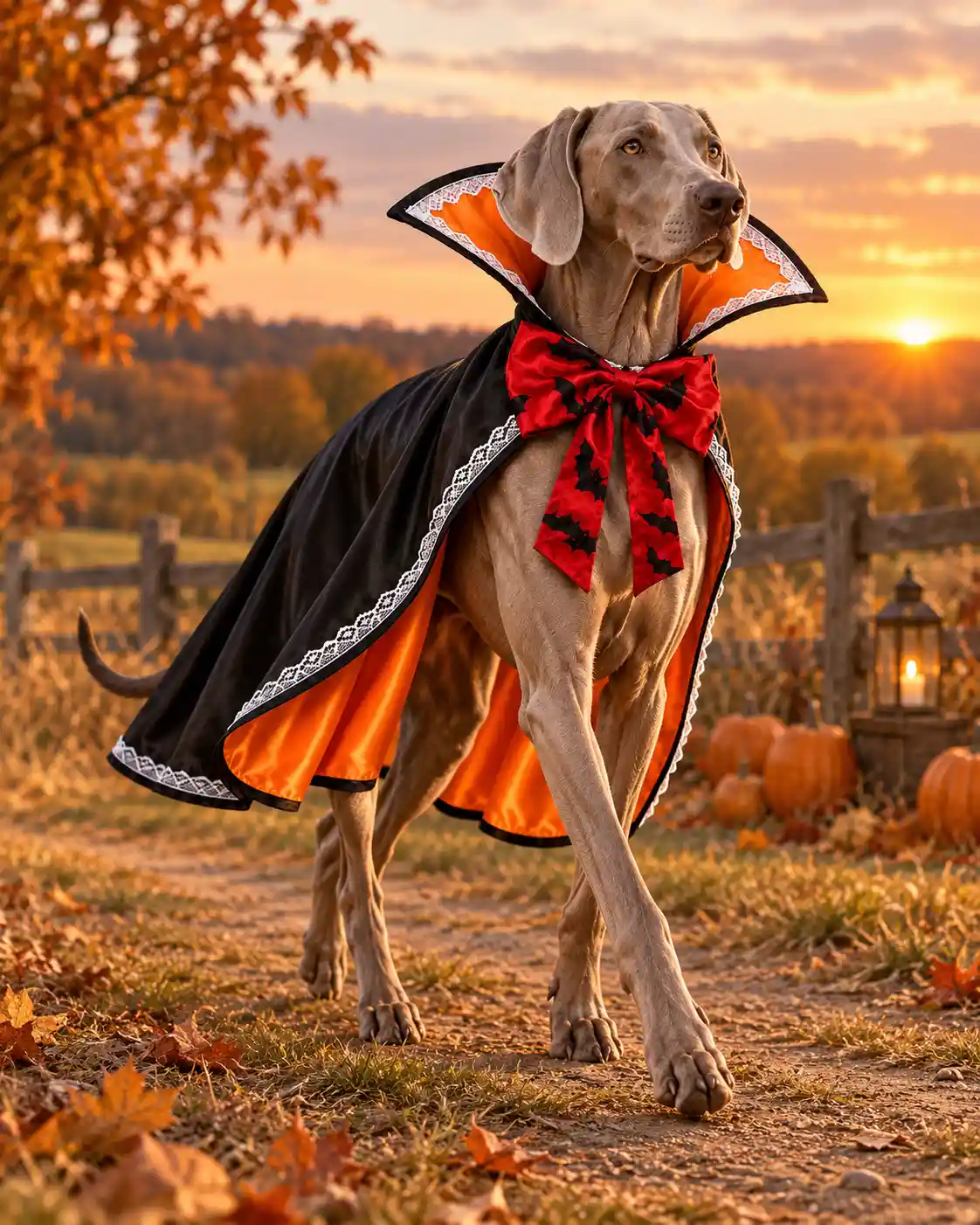 Dog walking outdoors in an orange-lined Halloween vampire cape