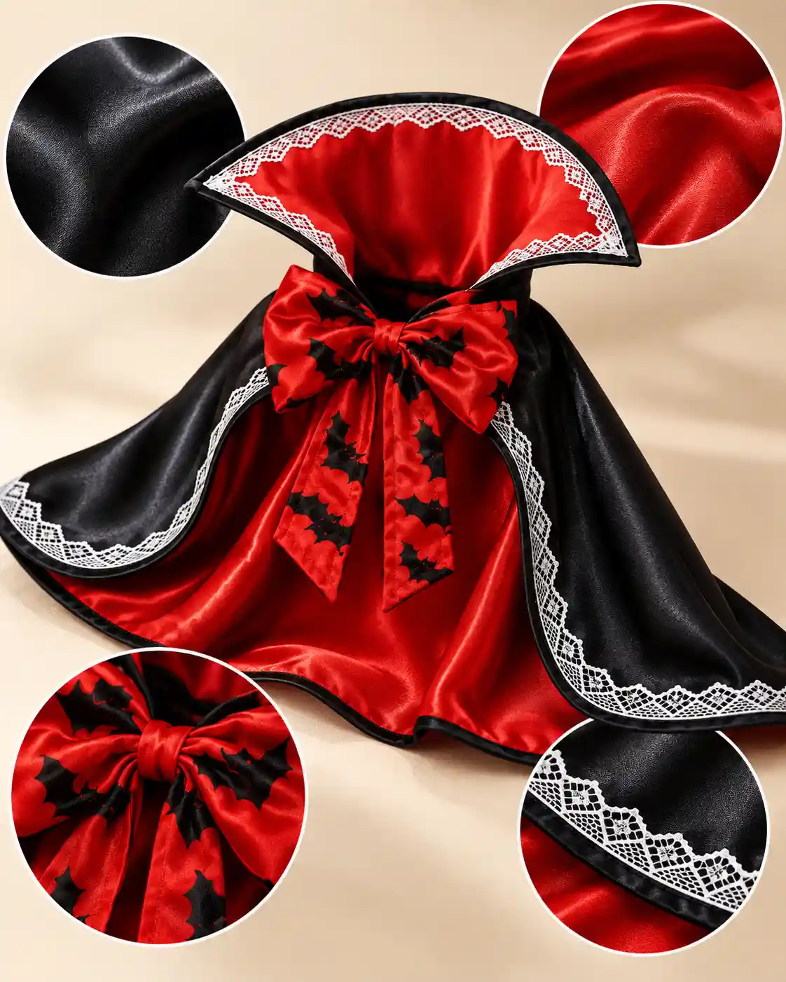 Close-up of black glossy fabric, red lining, white lace and bat-print bow