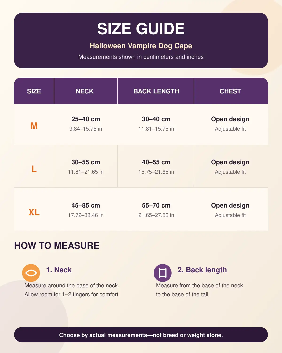 Halloween vampire dog cape size chart in centimeters and inches