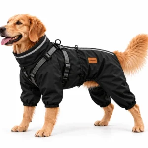 Black full-cover waterproof dog raincoat with integrated harness