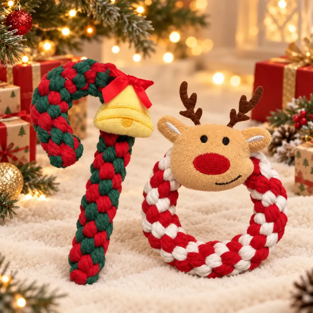 Candy Cane and Reindeer Ring Christmas rope dog toys