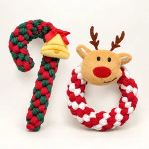 Christmas cotton rope dog toys in Candy Cane and Reindeer Ring styles