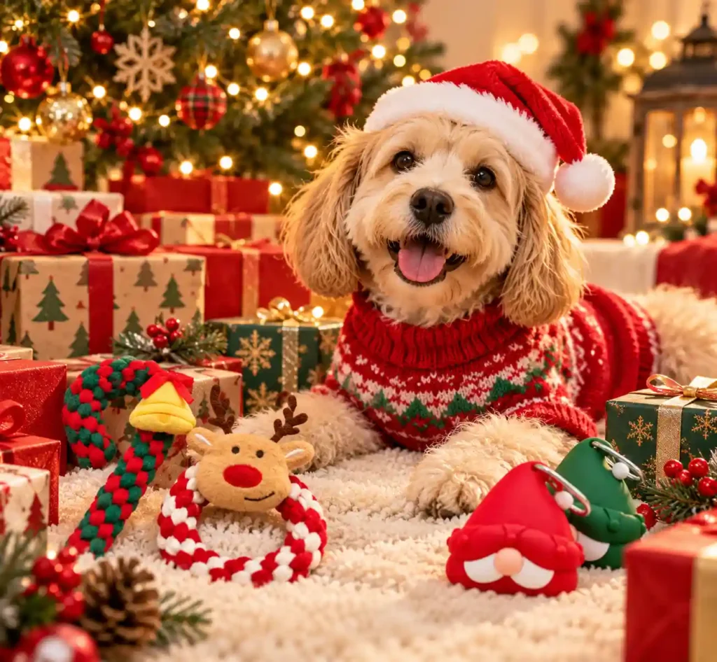 Dog in a festive Christmas setting with holiday pet gifts and accessories