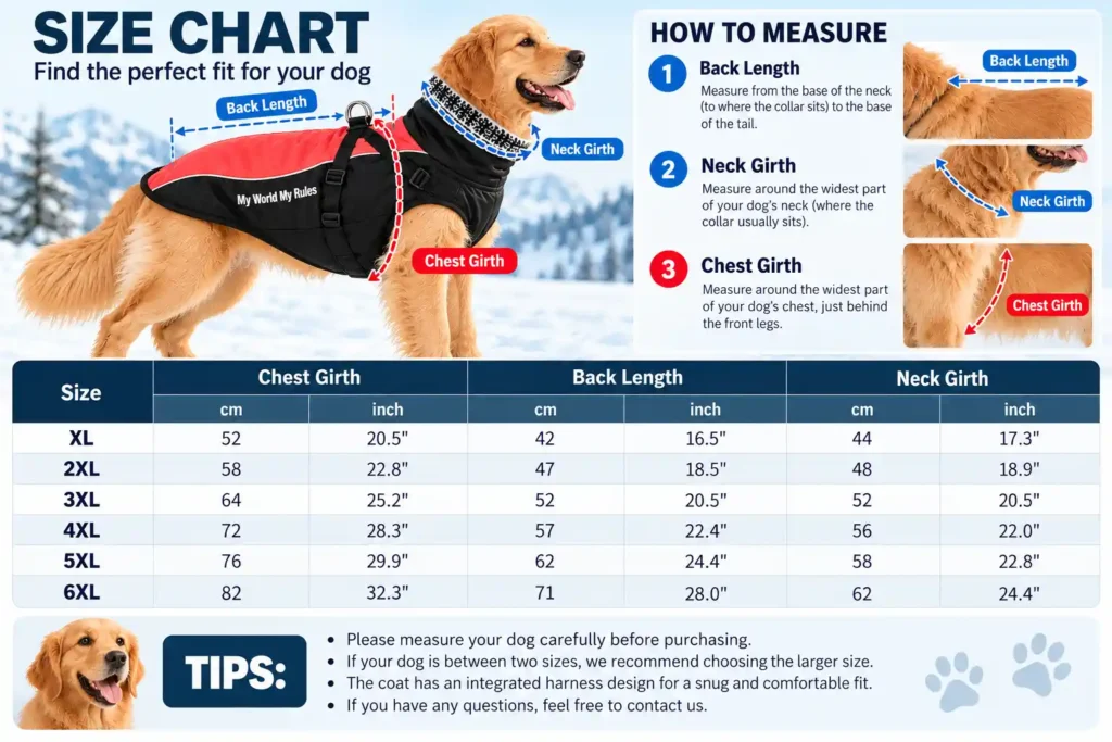 Reflective winter dog jacket size guide in centimeters and inches