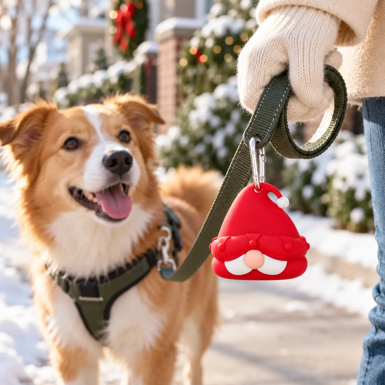 Red Santa dog waste bag dispenser attached to a leash